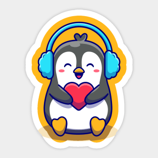 Cute Penguin Holding Love With Earmuff Sticker